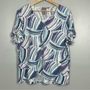 Chico’s 100% cotton blue purple & white v-neck tulip hemline top, large.